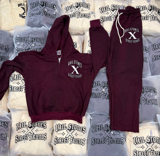 Vail Stones ❌ Street Friends burgundy & white Sweatsuit Set